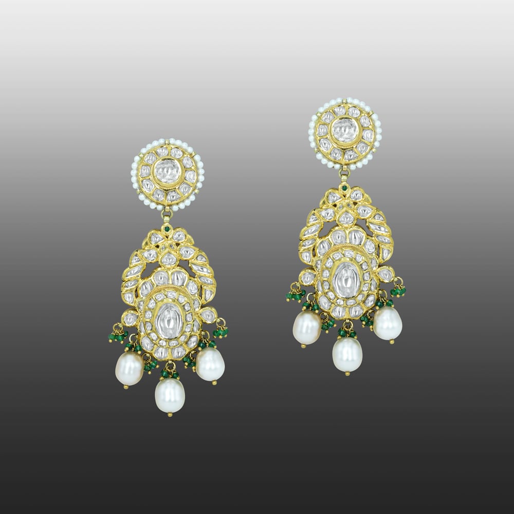 Polki Earrings with Pearls and Emerald Beads